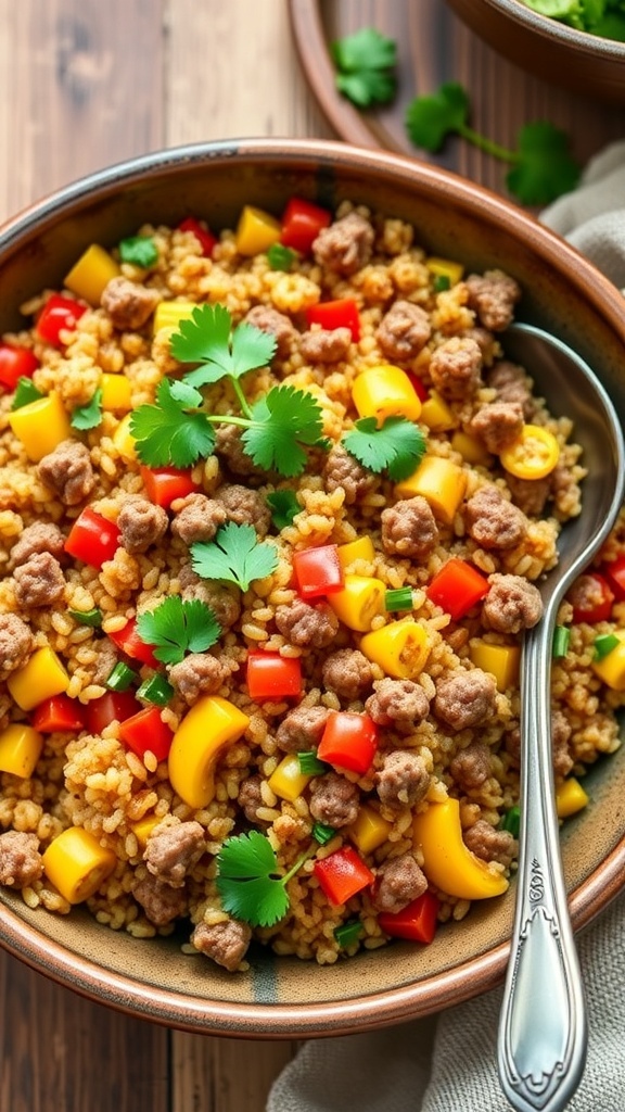 A bowl of ground beef quinoa skillet with bell peppers and corn, garnished with cilantro, on a wooden table.